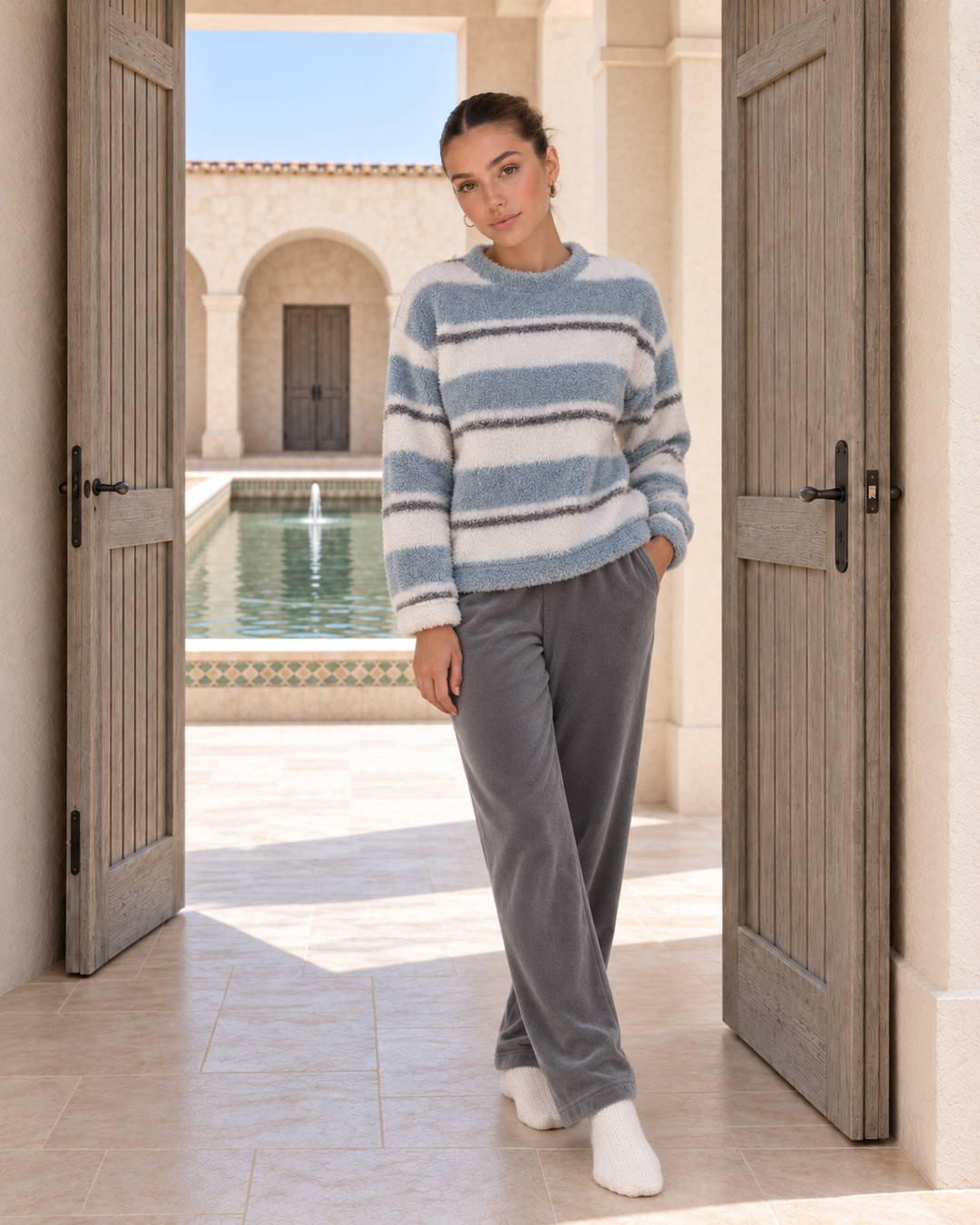 Misty Blue & Cream Striped Fluffy Winter Lounge Set | 6035