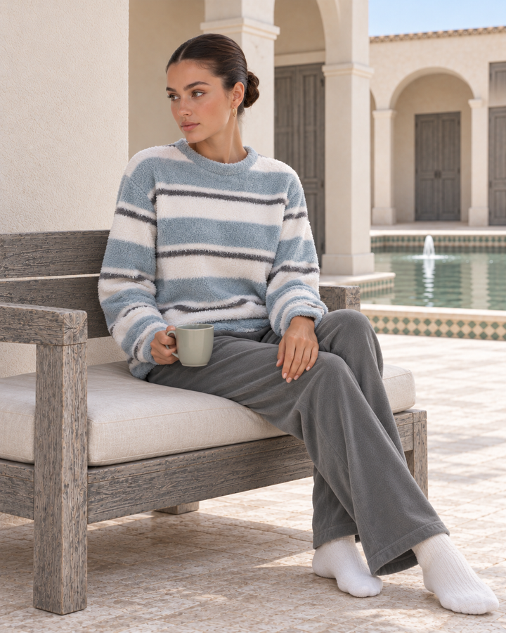 Misty Blue & Cream Striped Fluffy Winter Lounge Set | 6035