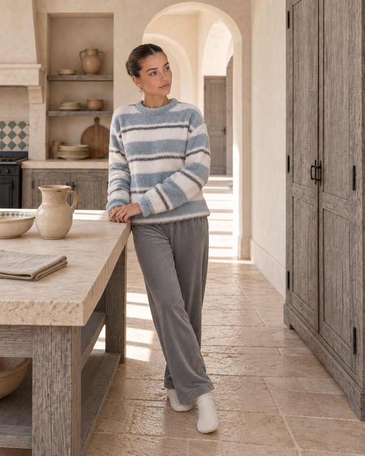 Misty Blue & Cream Striped Fluffy Winter Lounge Set | 6035