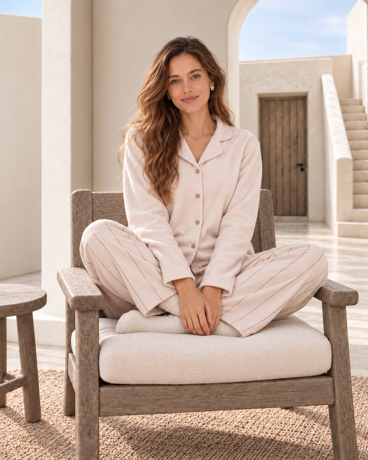 Striped-Trouser Buttoned Pajama Set - 9012