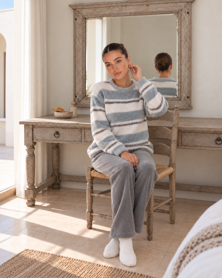 Misty Blue & Cream Striped Fluffy Winter Lounge Set | 6035