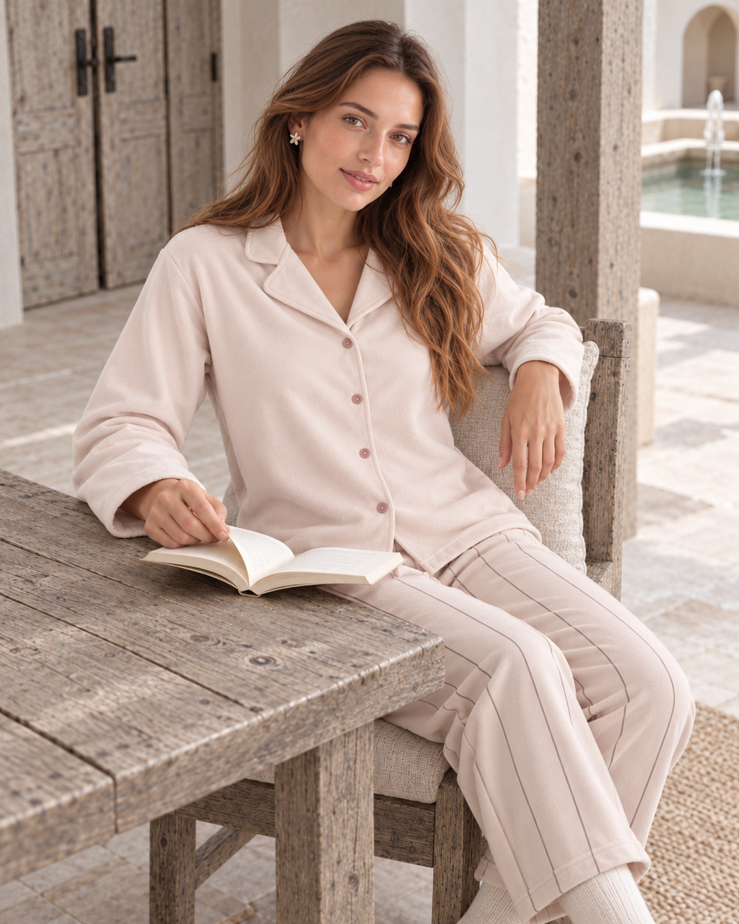 Striped-Trouser Buttoned Pajama Set - 9012
