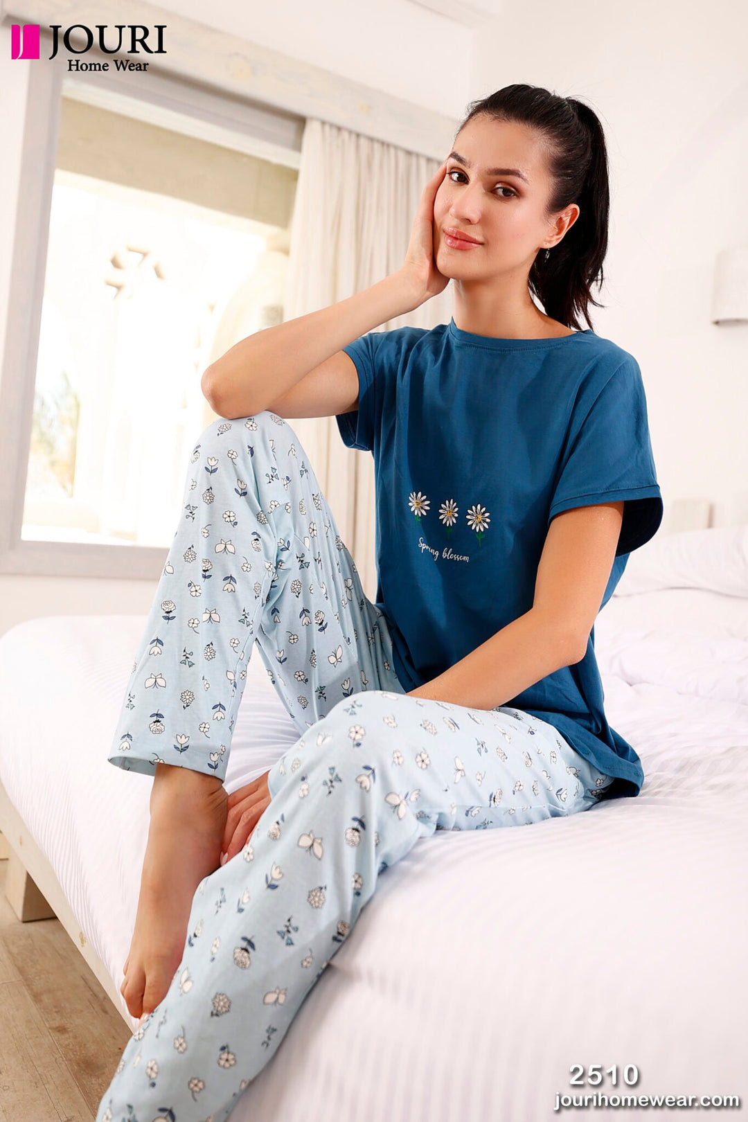 Women's pajamas, half sleeve, blue, 3 roses