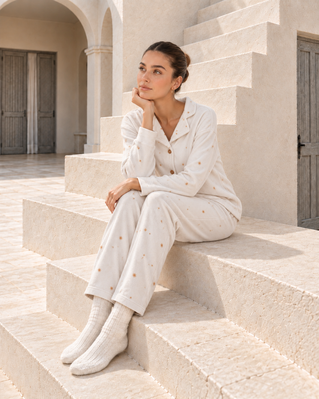 Cream Velvet Pajama Set with Gold Star Print | 6016