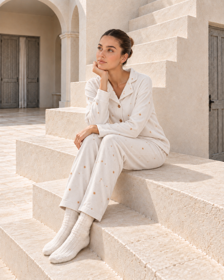 Cream Velvet Pajama Set with Gold Star Print | 6016