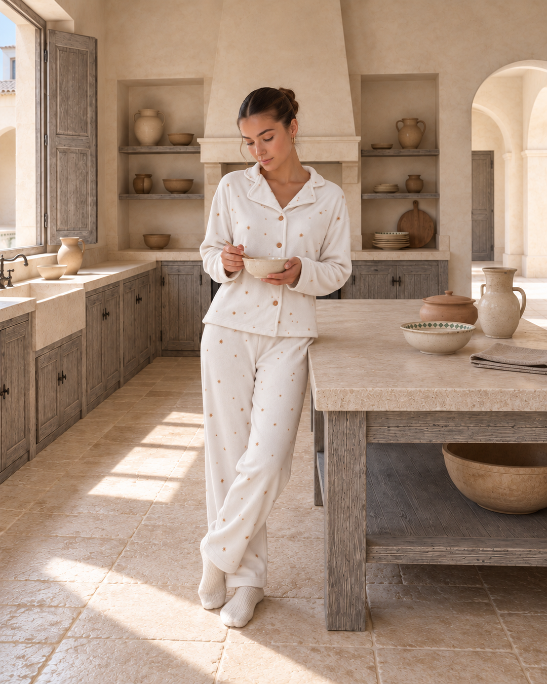 Cream Velvet Pajama Set with Gold Star Print | 6016