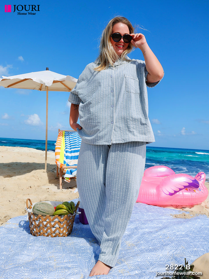 Gray striped half-buttoned pajamas Special Size