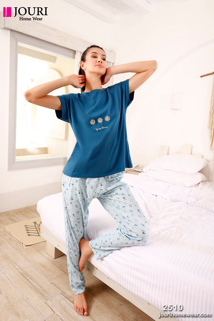 Women's pajamas, half sleeve, blue, 3 roses