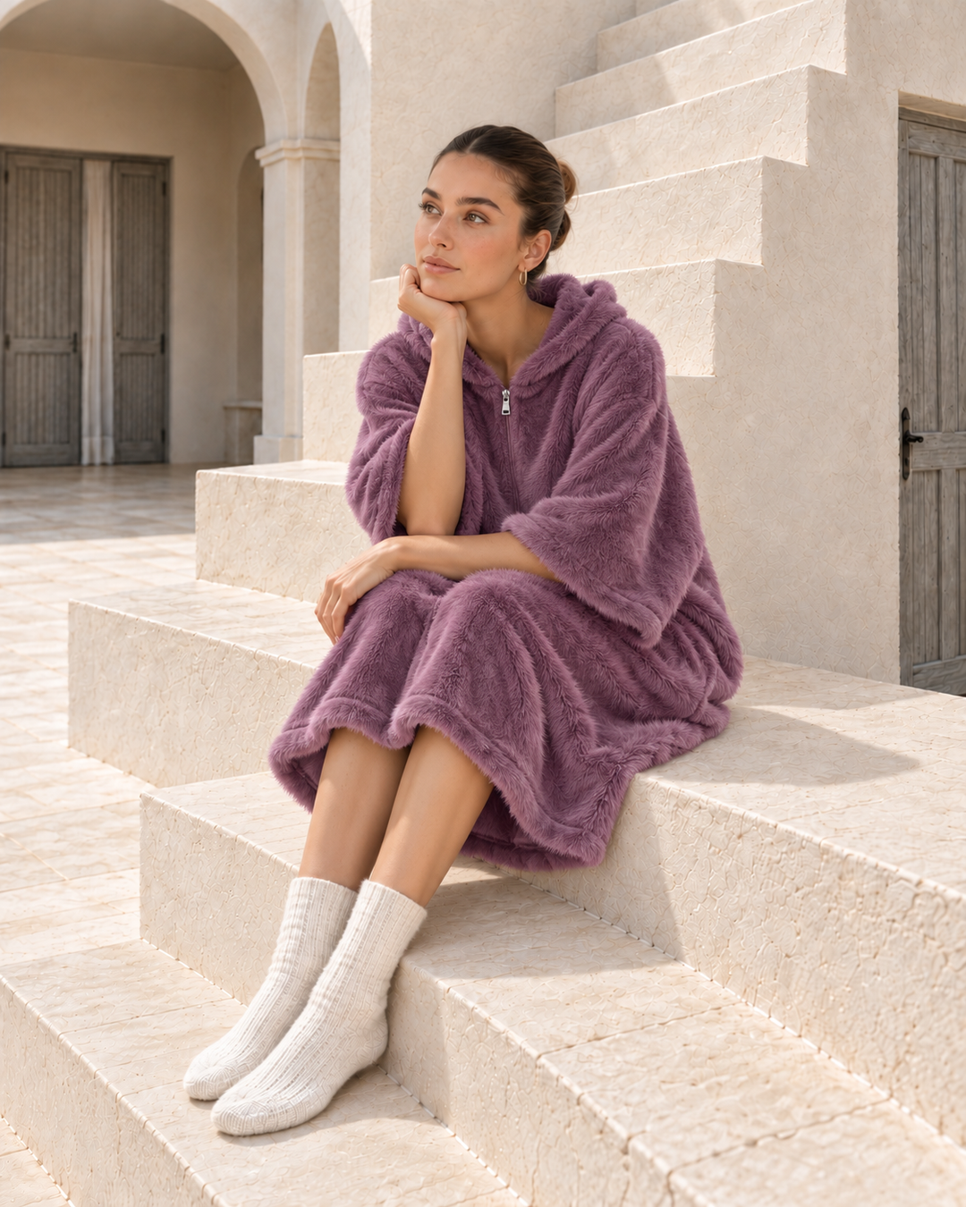 Mauve Fluffy Wearable Blanket with Hoodie & Zipper – Ultra-Warm Comfort | 6020