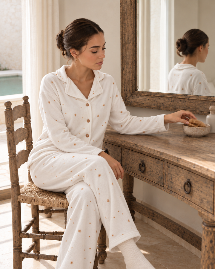 Cream Velvet Pajama Set with Gold Star Print | 6016