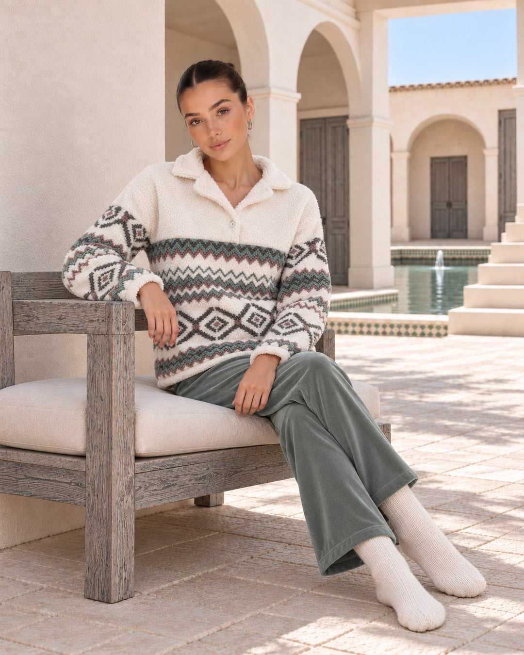 JOURI Geometric Collared Pajama Set - 9062, Olive Green
