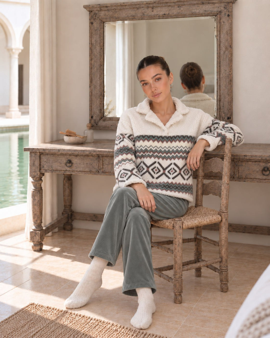 JOURI Geometric Collared Pajama Set - 9062, Olive Green