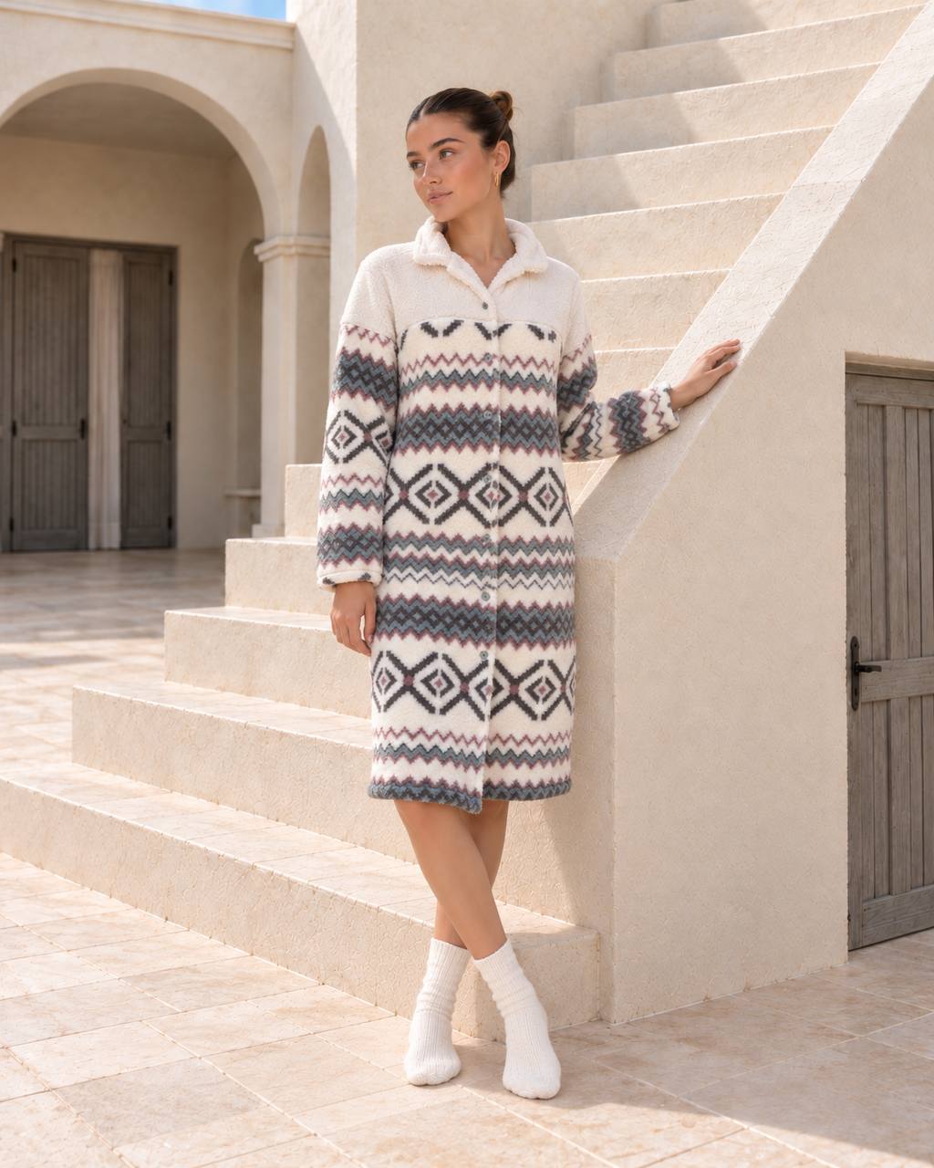 Geometric Buttoned Pajama Nightshirt - 9040
