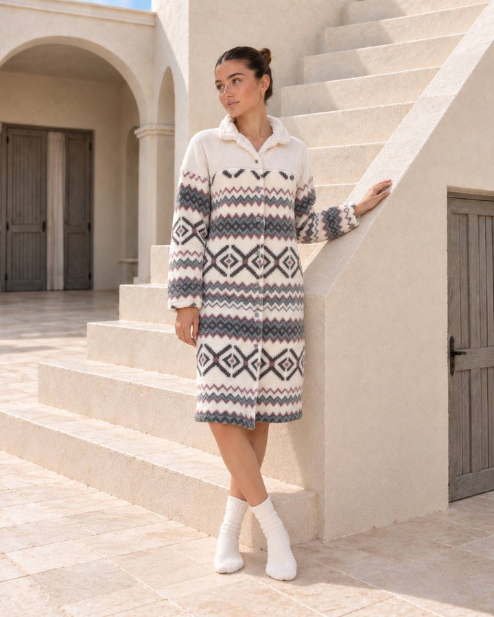 Geometric Buttoned Pajama Nightshirt - 9040