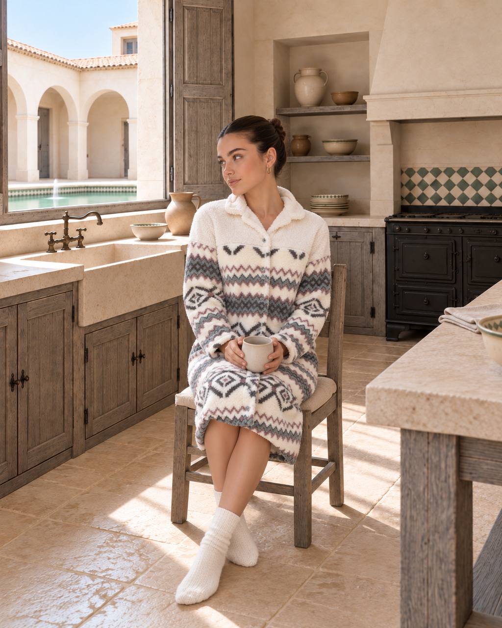 Geometric Buttoned Pajama Nightshirt - 9040