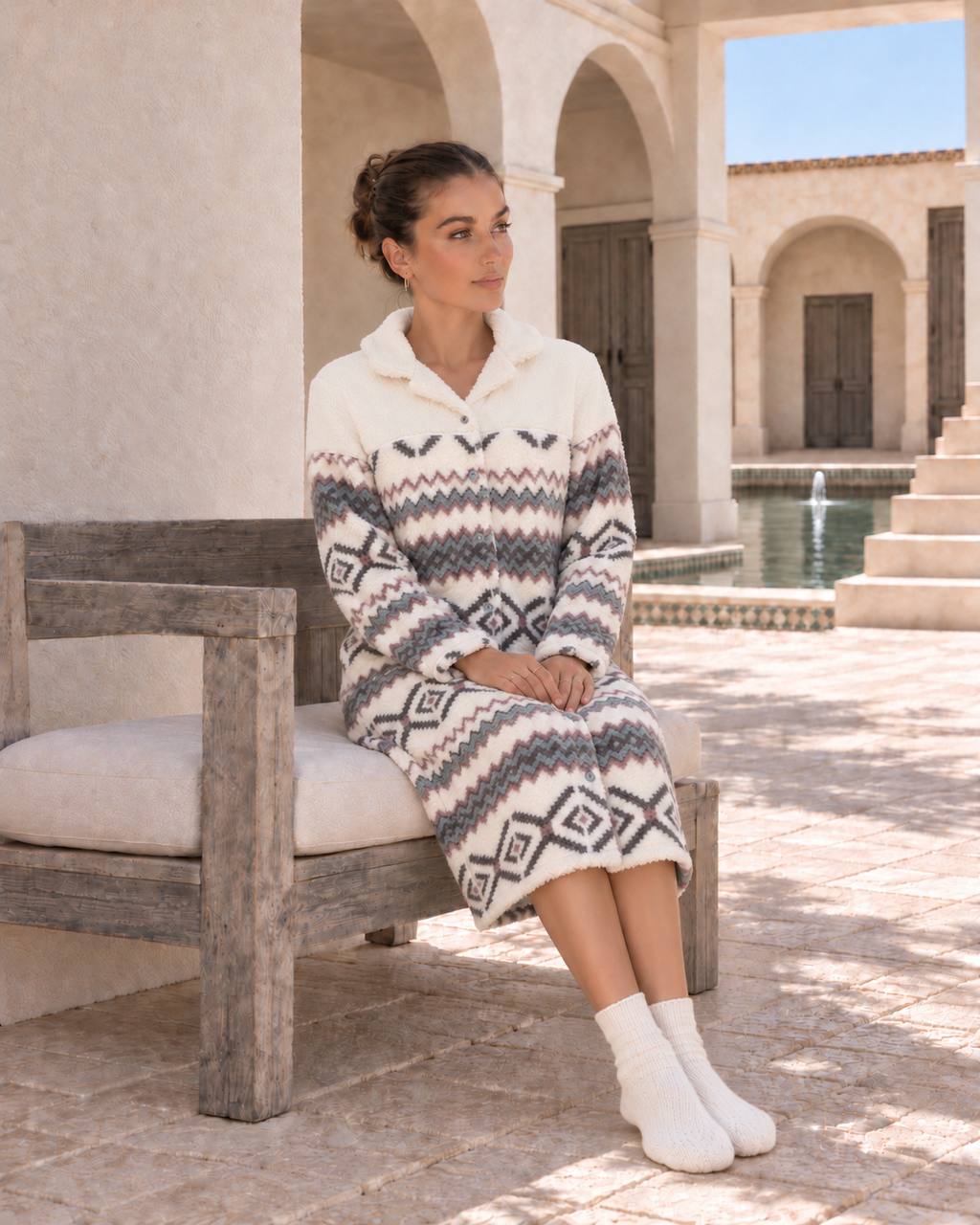 Geometric Buttoned Pajama Nightshirt - 9040