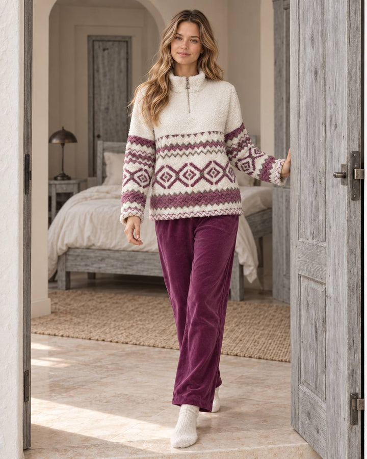 JOURI Geometric Zip-Neck Pajama Set - 9049, Burgundy