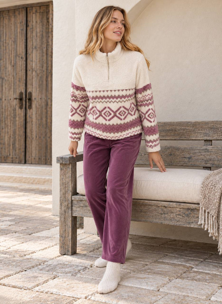 JOURI Geometric Zip-Neck Pajama Set - 9049, Burgundy