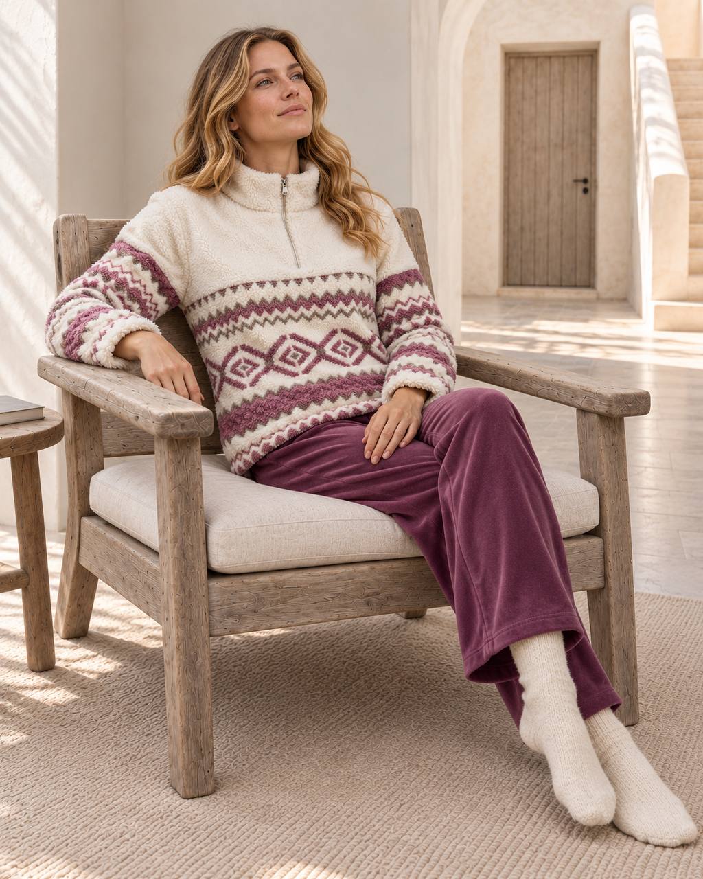 JOURI Geometric Zip-Neck Pajama Set - 9049, Burgundy