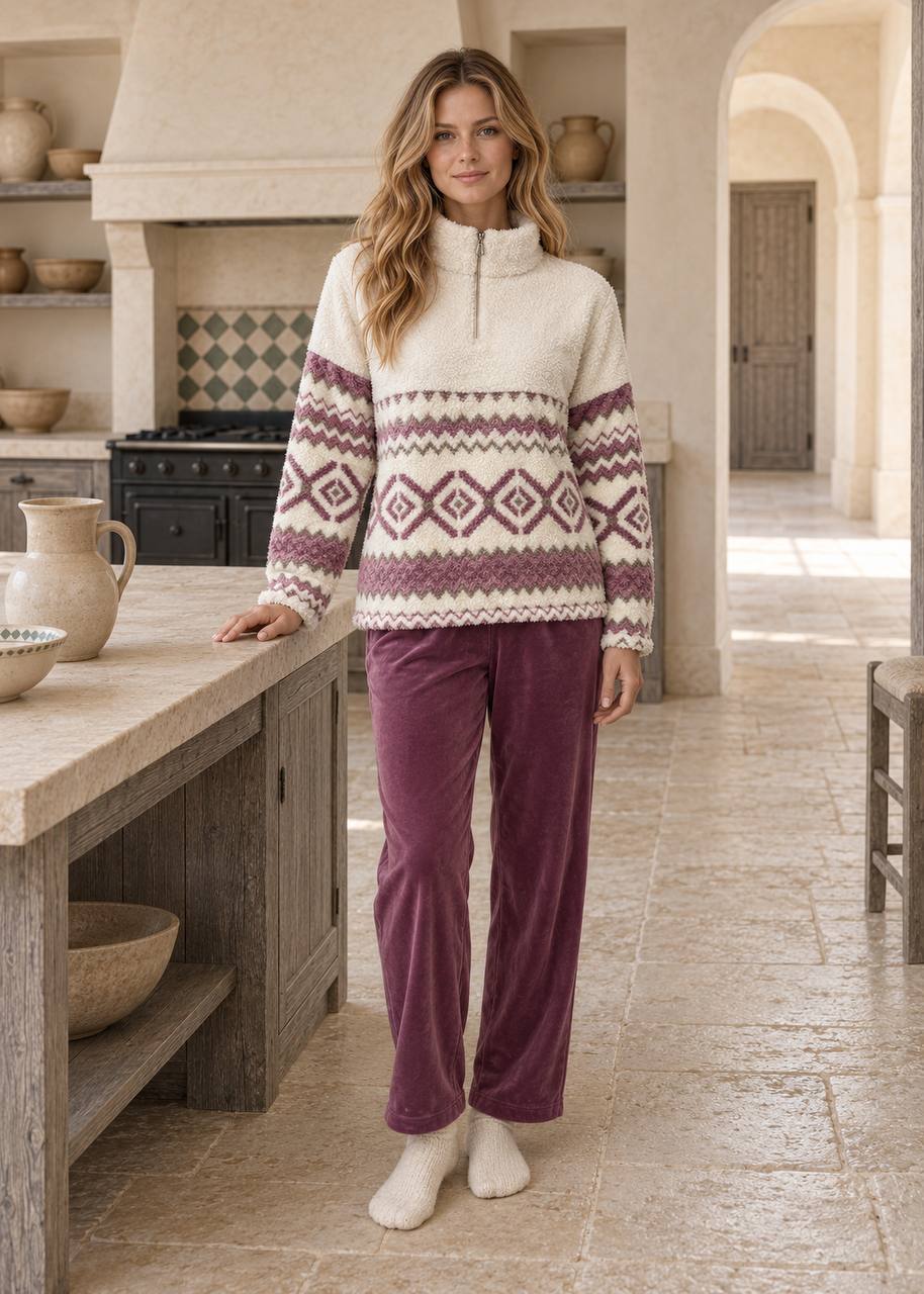 JOURI Geometric Zip-Neck Pajama Set - 9049, Burgundy