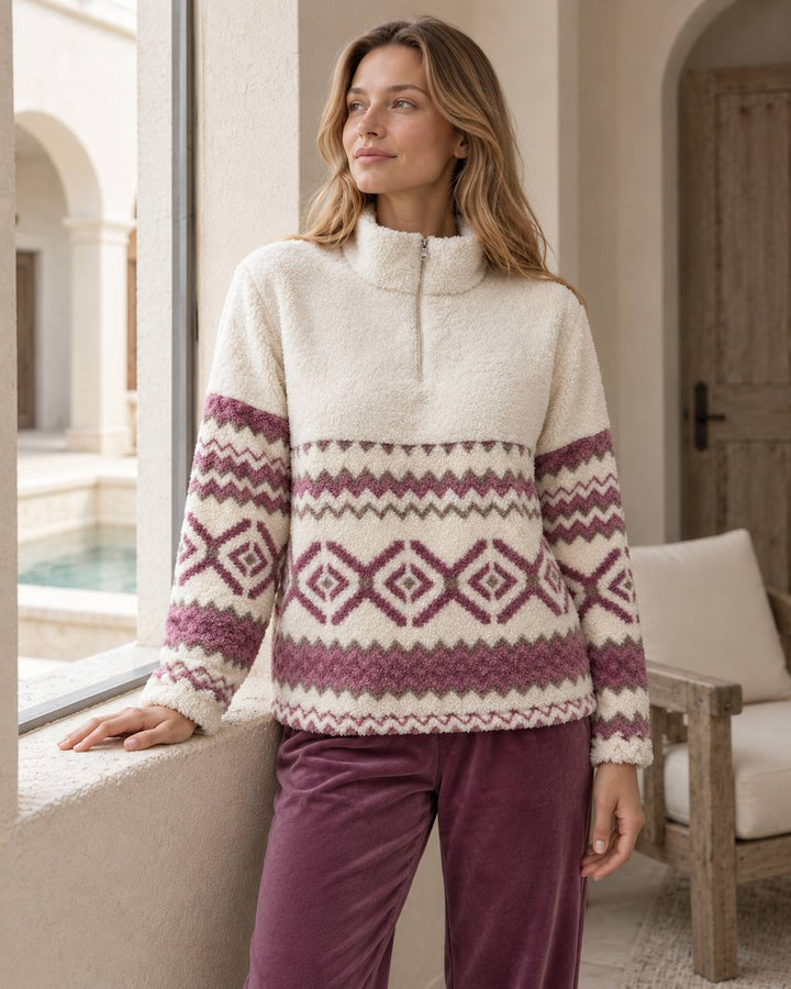 JOURI Geometric Zip-Neck Pajama Set - 9049, Burgundy