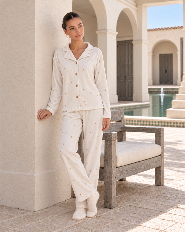 Cream Velvet Pajama Set with Gold Star Print | 6016