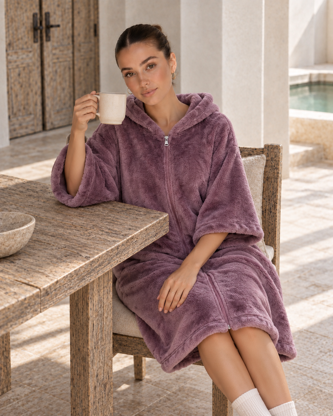 Mauve Fluffy Wearable Blanket with Hoodie & Zipper – Ultra-Warm Comfort | 6020