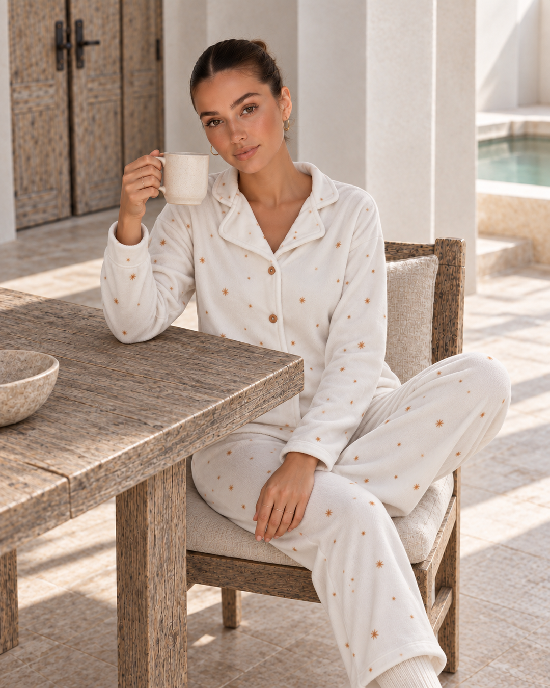 Cream Velvet Pajama Set with Gold Star Print | 6016
