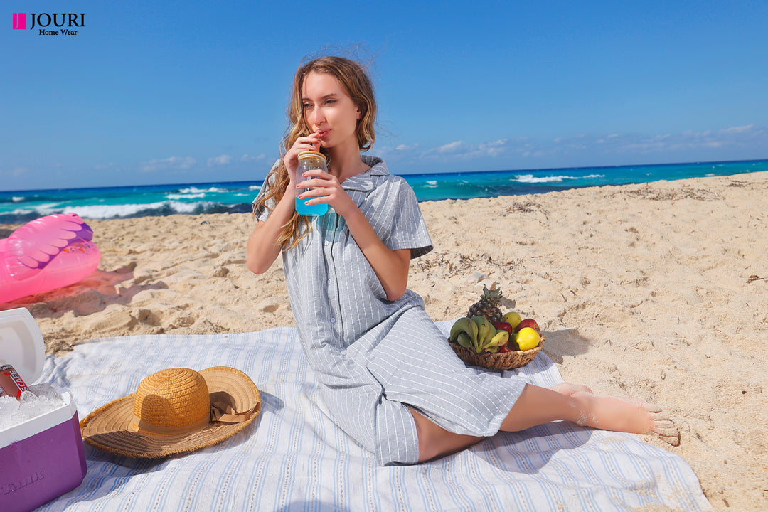 White striped buttoned half-sleeved Nightshirt