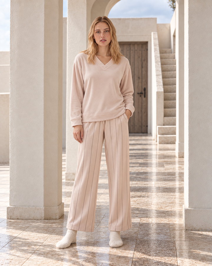 V-Neck Striped-Trouser Pajama Set - 9052