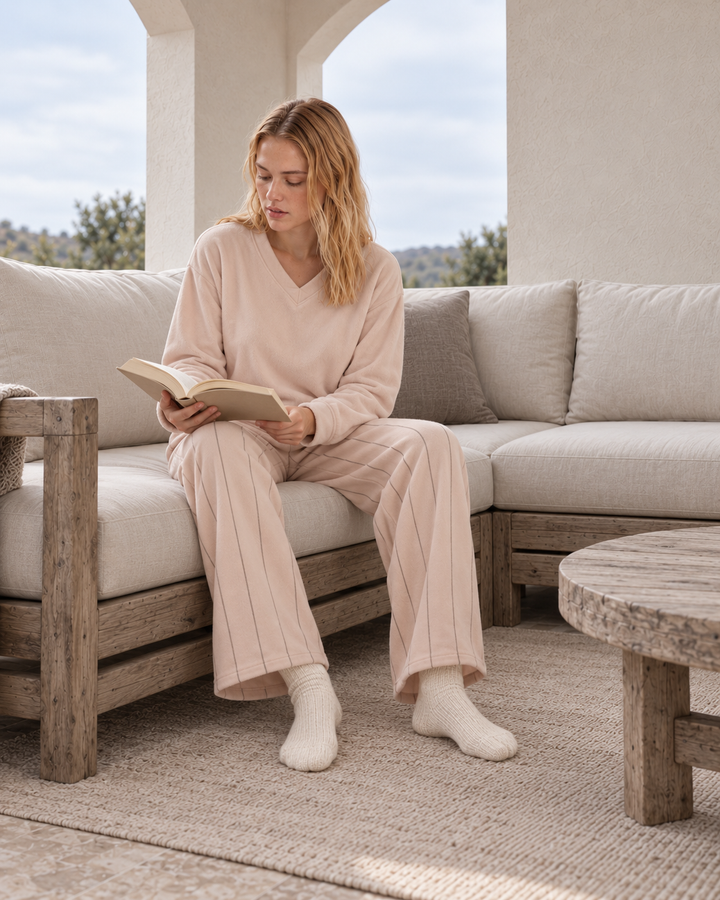 V-Neck Striped-Trouser Pajama Set - 9052