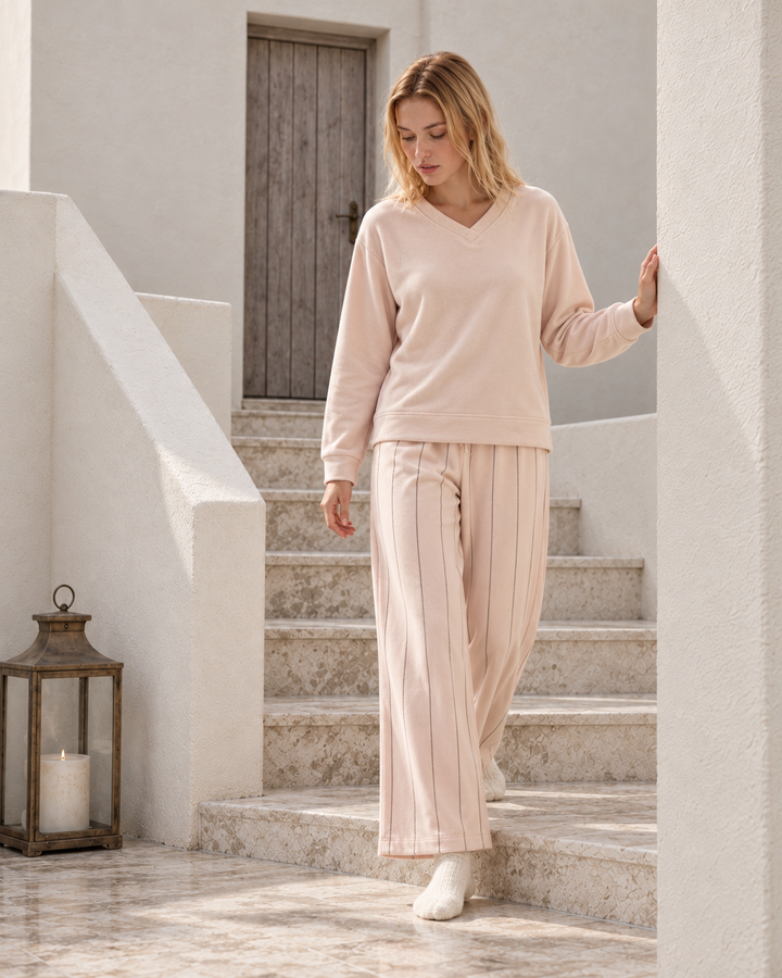 V-Neck Striped-Trouser Pajama Set - 9052