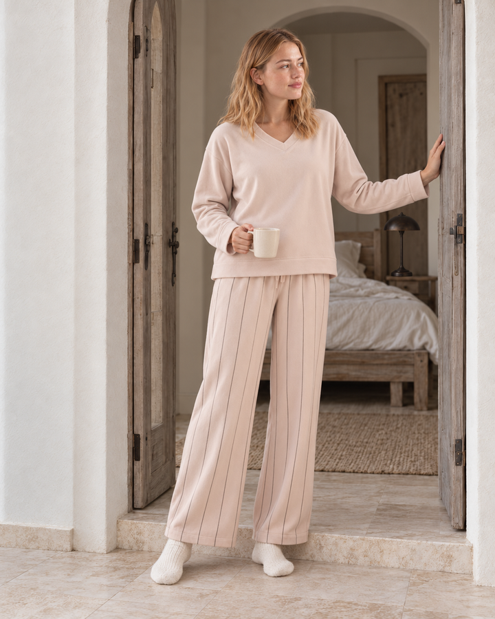 V-Neck Striped-Trouser Pajama Set - 9052
