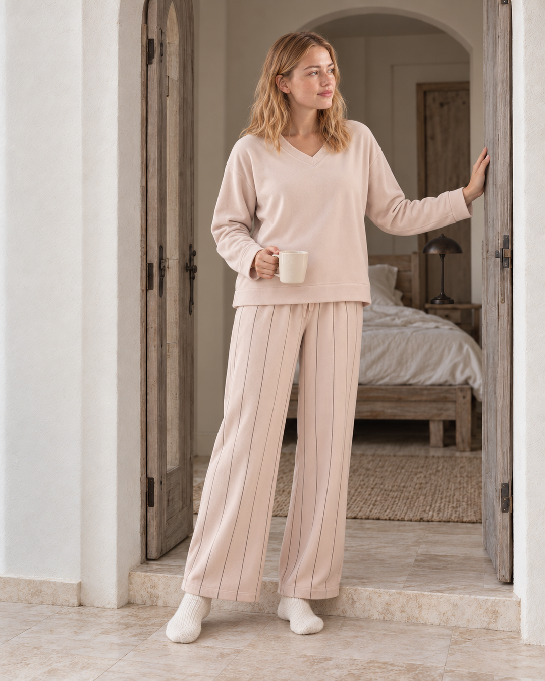 V-Neck Striped-Trouser Pajama Set - 9052