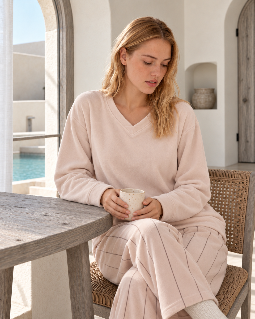V-Neck Striped-Trouser Pajama Set - 9052