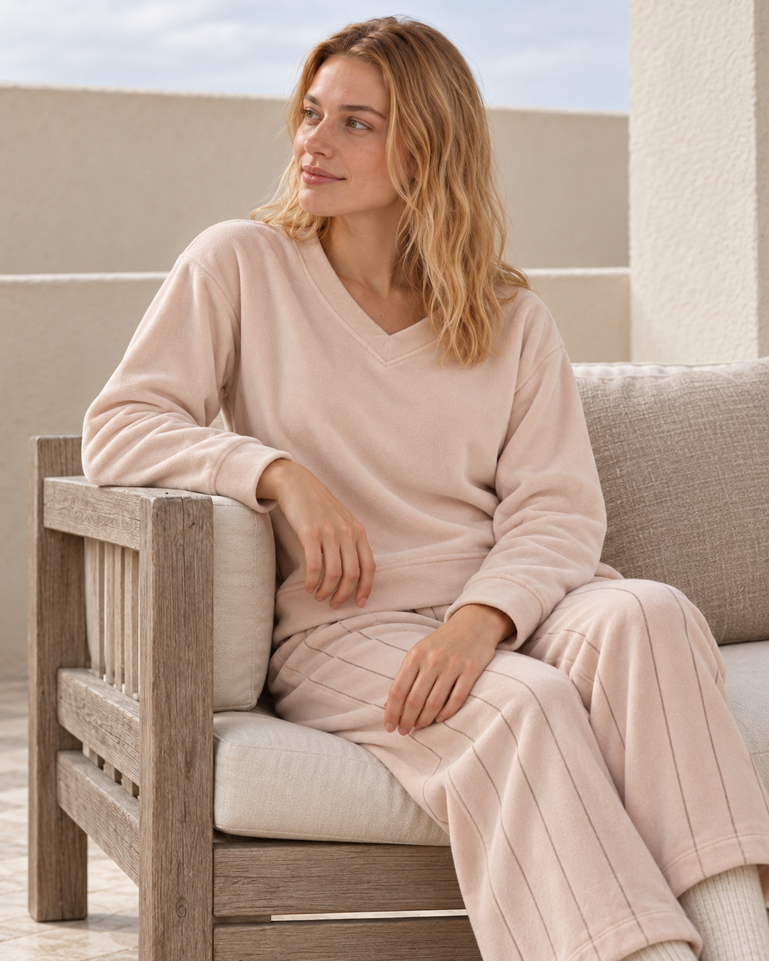 V-Neck Striped-Trouser Pajama Set - 9052