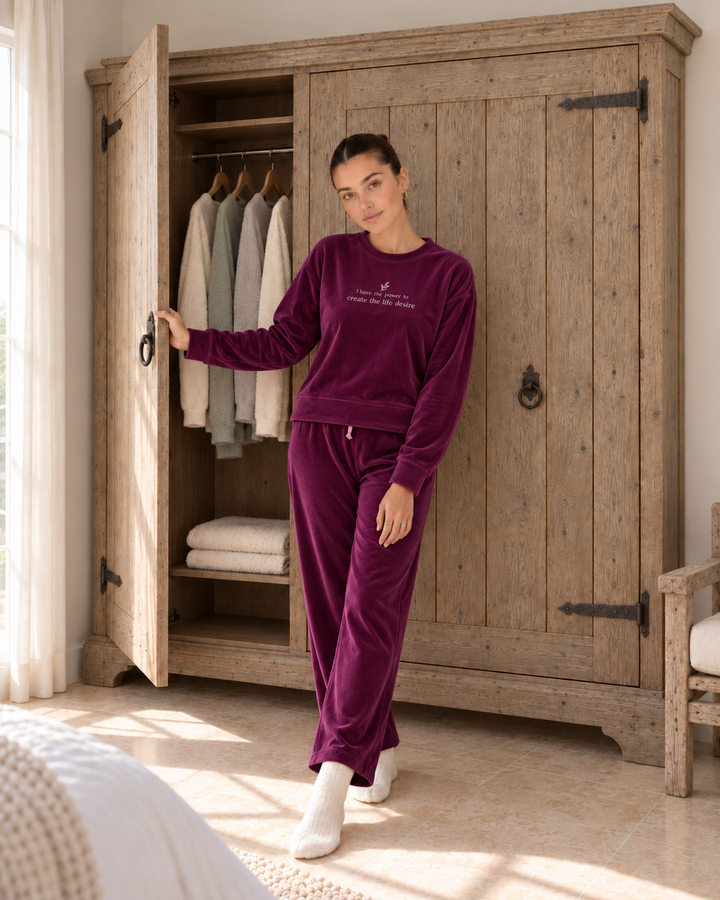 Dark Plum Velvet Winter Set with Embroidery | 6011