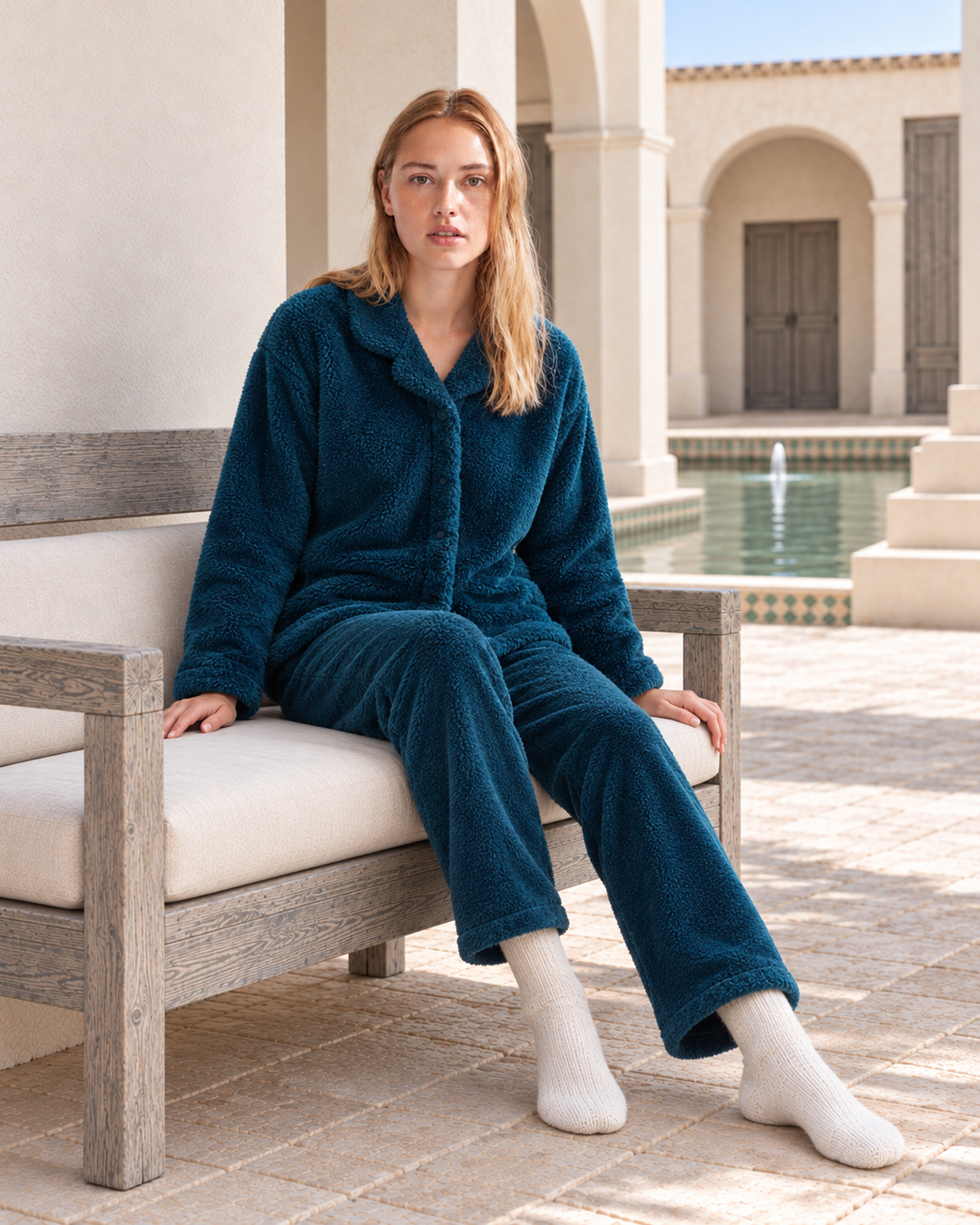 Deep Teal Fluffy Pajama Set with Buttons – Ultra-Warm Winter Comfort | 6015