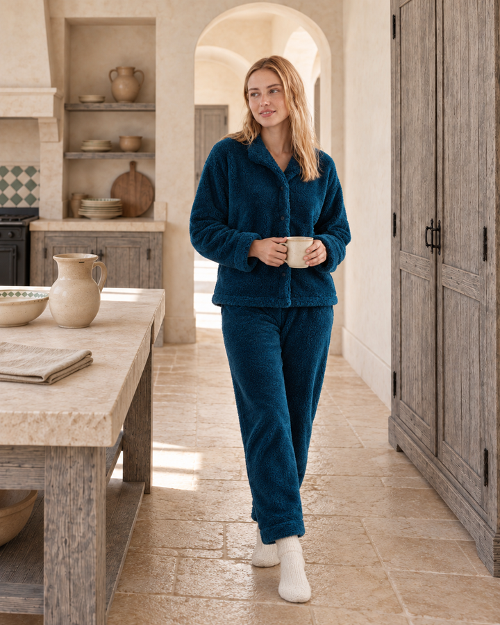 Deep Teal Fluffy Pajama Set with Buttons – Ultra-Warm Winter Comfort | 6015