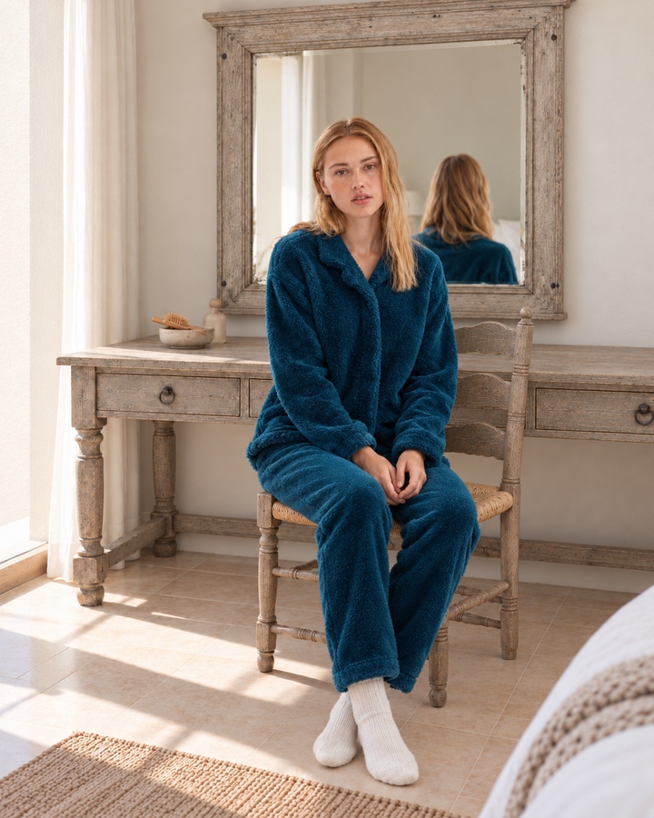 Deep Teal Fluffy Pajama Set with Buttons – Ultra-Warm Winter Comfort | 6015