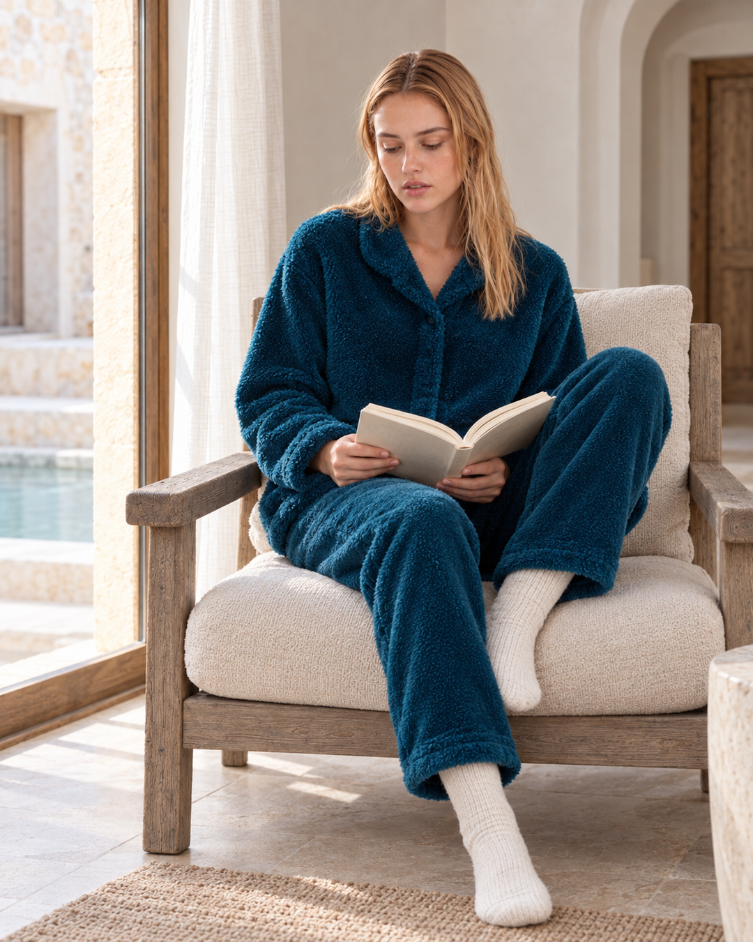 Deep Teal Fluffy Pajama Set with Buttons – Ultra-Warm Winter Comfort | 6015