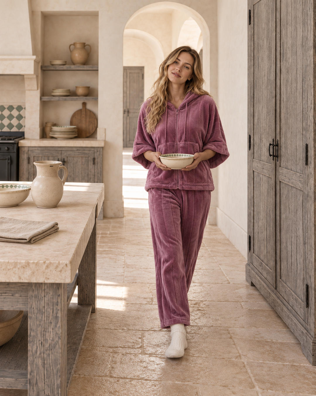 Rose Mauve Plush Front-Open Hoodie Set with Matching Pants | 6021