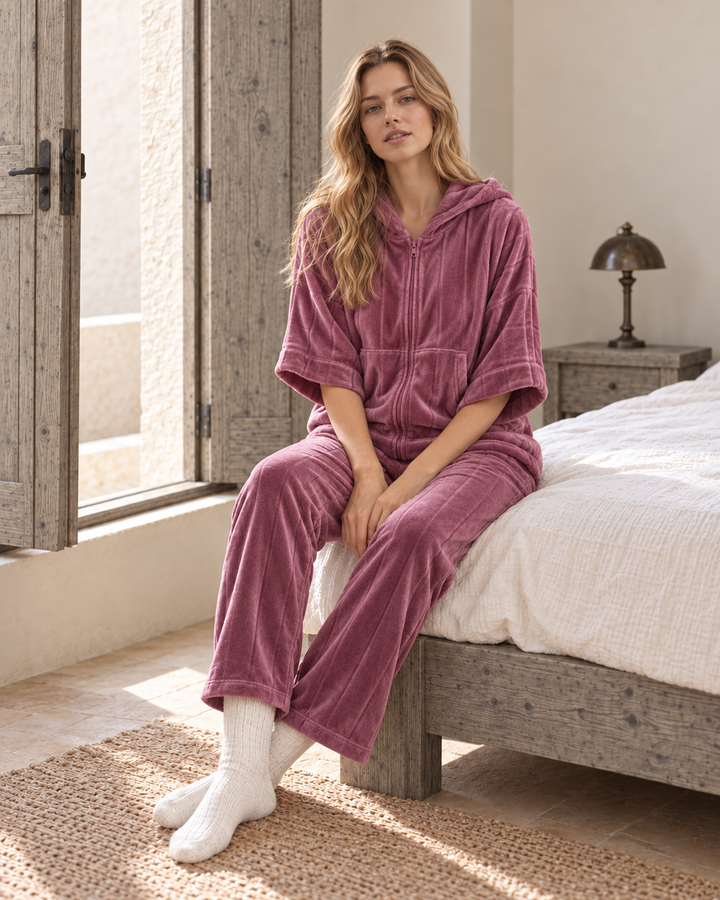 Rose Mauve Plush Front-Open Hoodie Set with Matching Pants | 6021