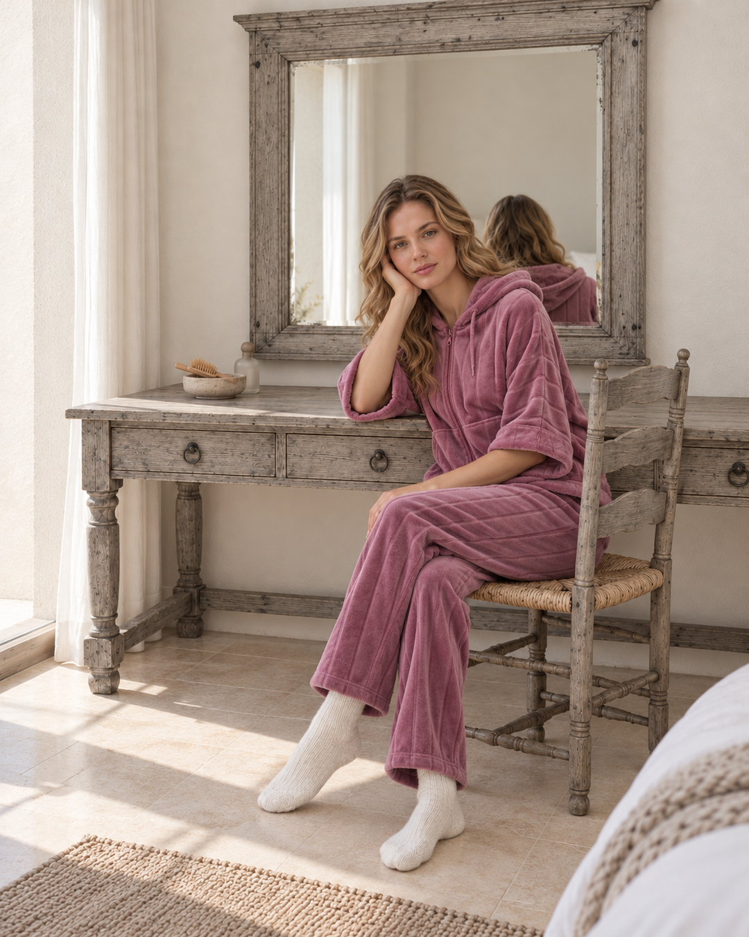 Rose Mauve Plush Front-Open Hoodie Set with Matching Pants | 6021