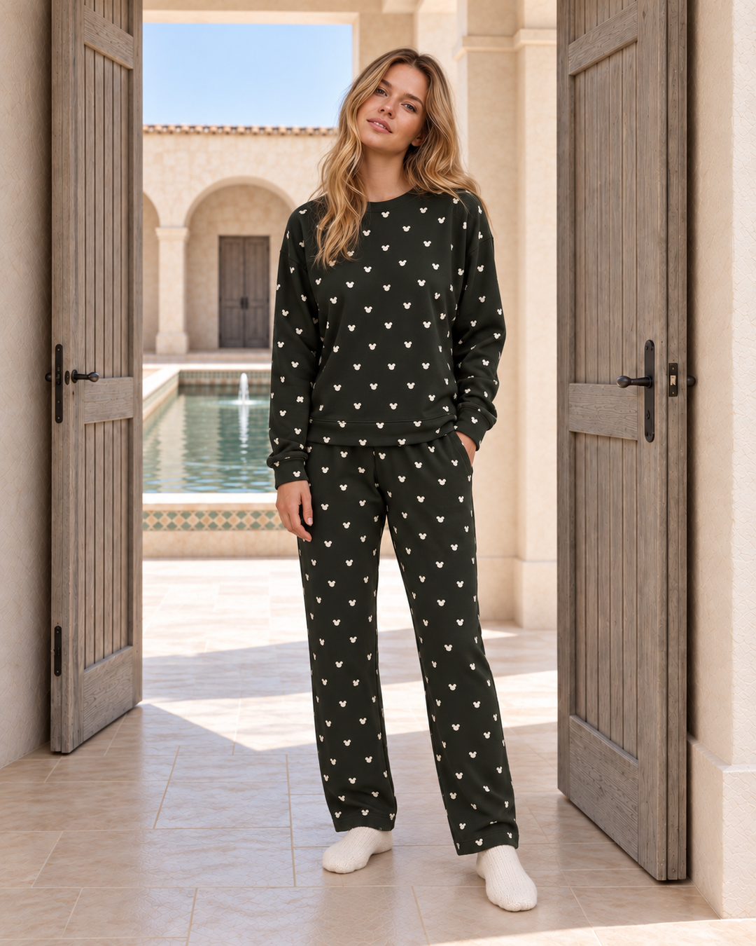 Dark Green Heart-Pattern Pajama Set