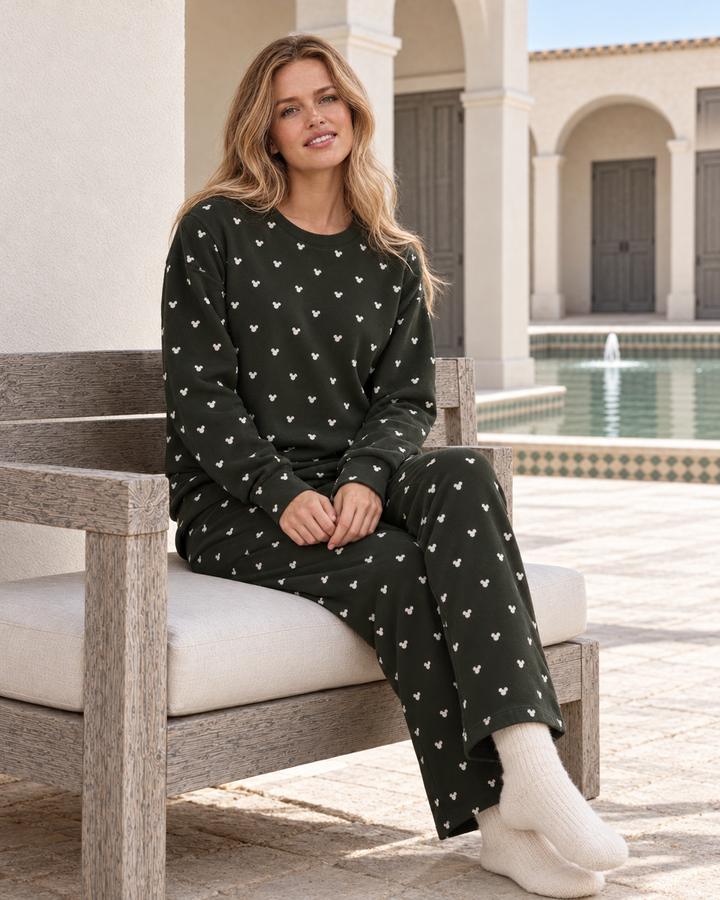 Dark Green Heart-Pattern Pajama Set