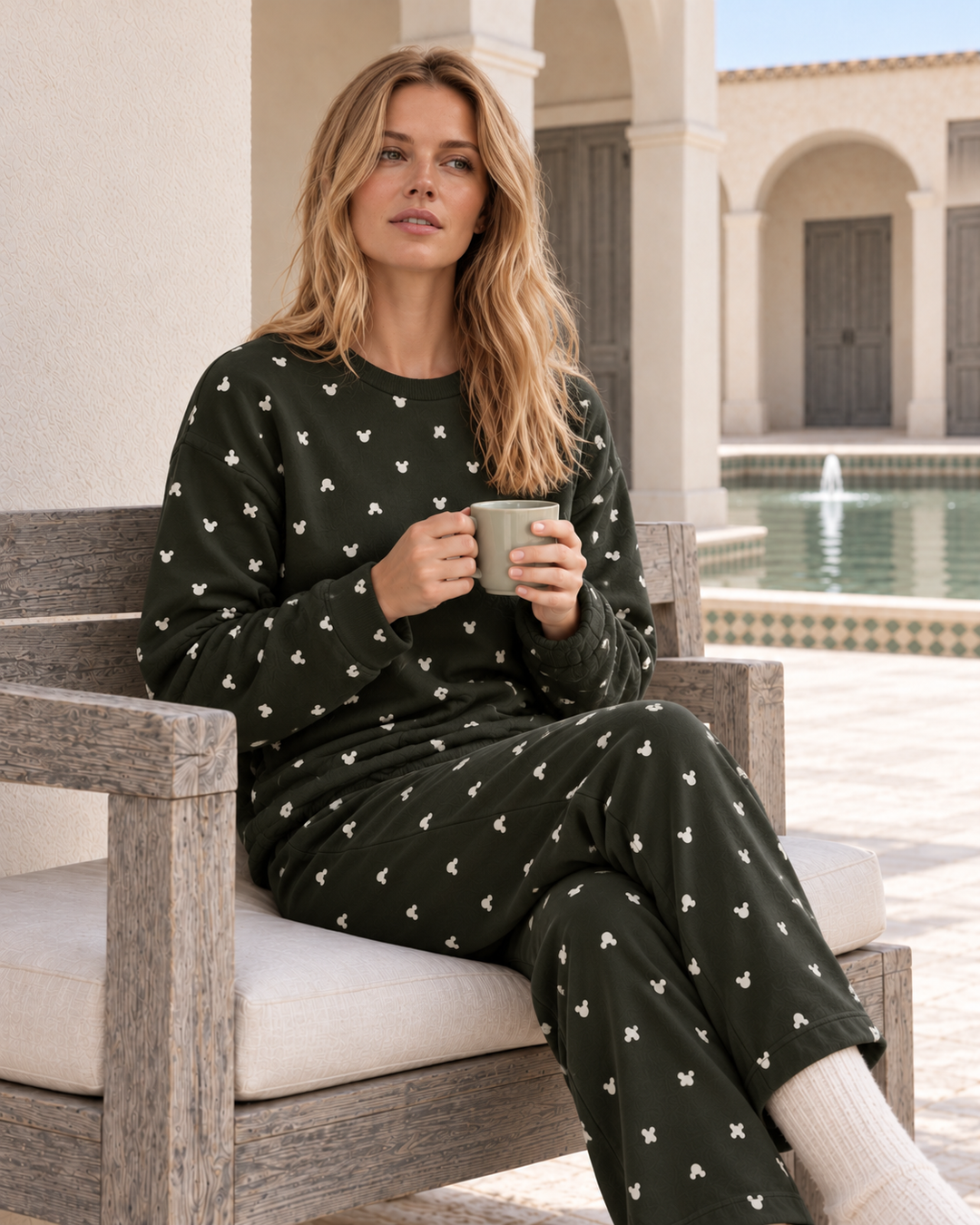 Dark Green Heart-Pattern Pajama Set
