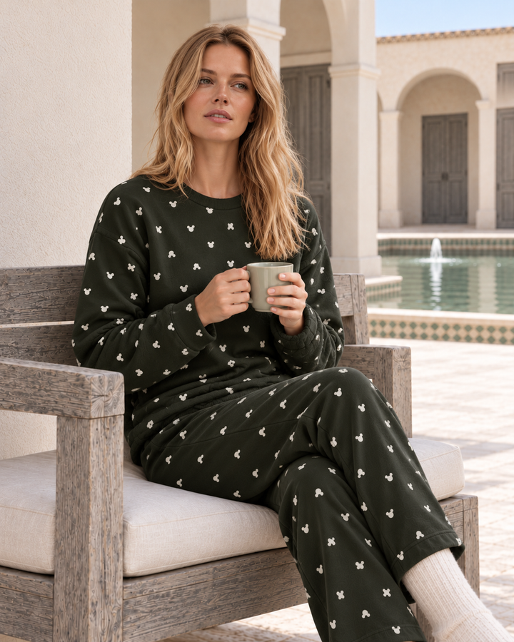 Dark Green Heart-Pattern Pajama Set