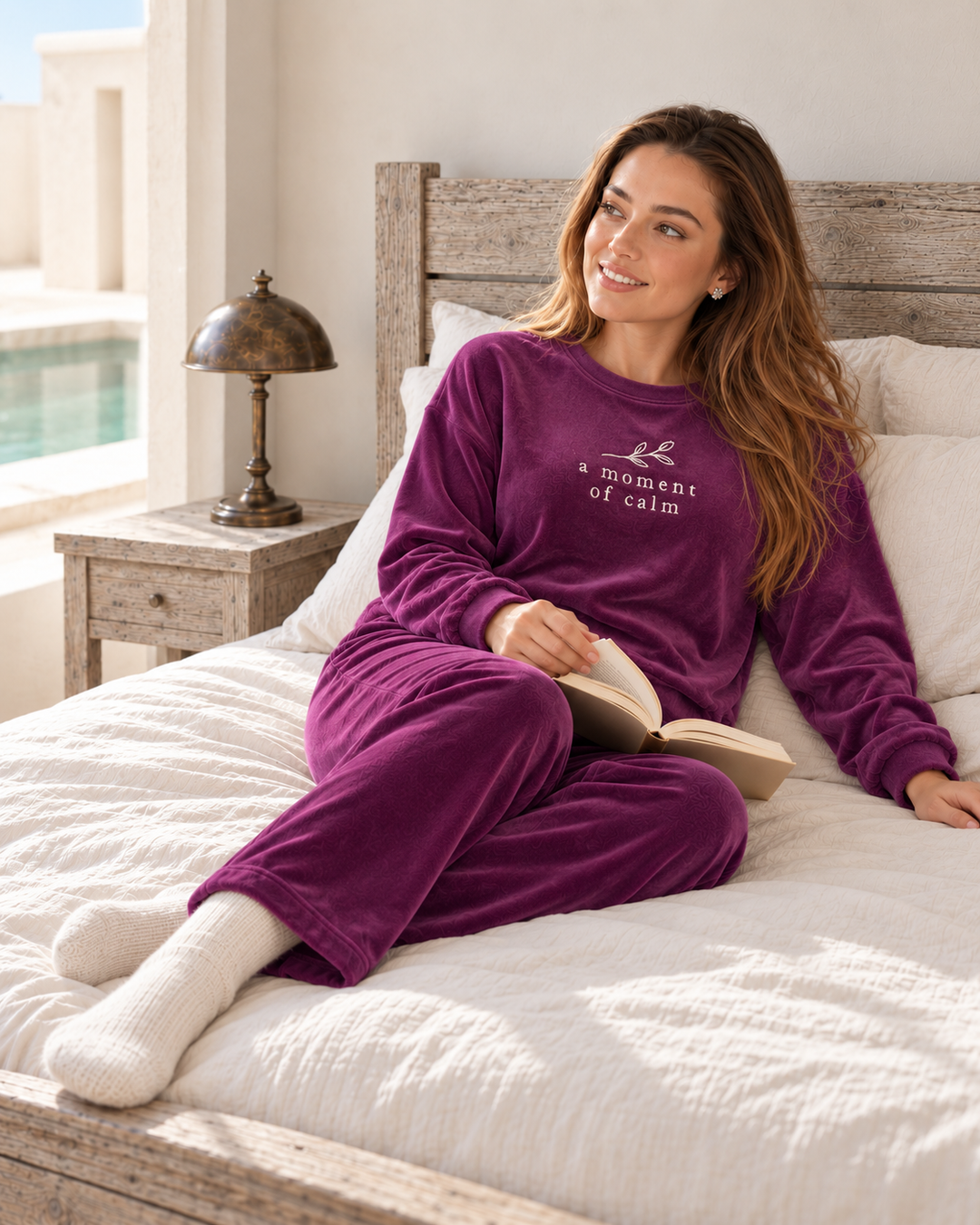 JOURI Slogan Wide-Leg Pajama Set - 9018, Burgundy