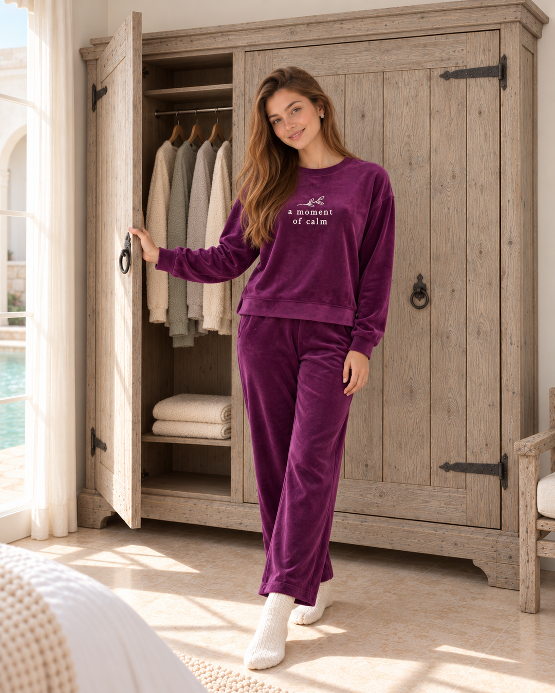 JOURI Slogan Wide-Leg Pajama Set - 9018, Burgundy